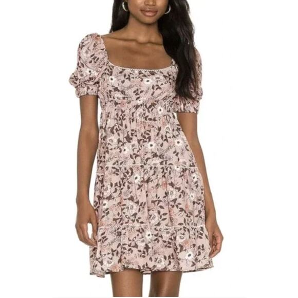 Maaji Pink Calico Peasant Mini Dress MEDIUM Milkmaid Ruffle Puff Sleeve $98 NEW - Picture 1 of 8
